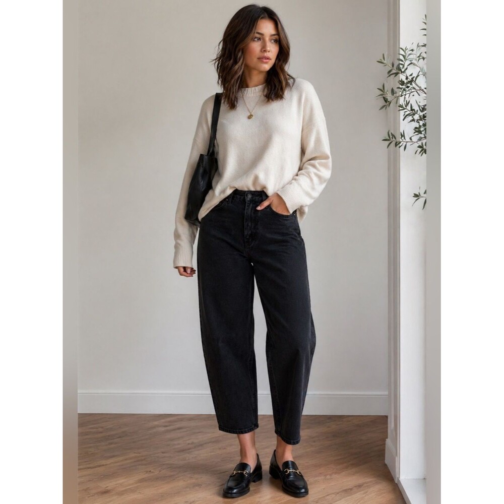 Zara Black Straight Tapered Cropped Jeans Women US 36 EU 46 High Rise Denim